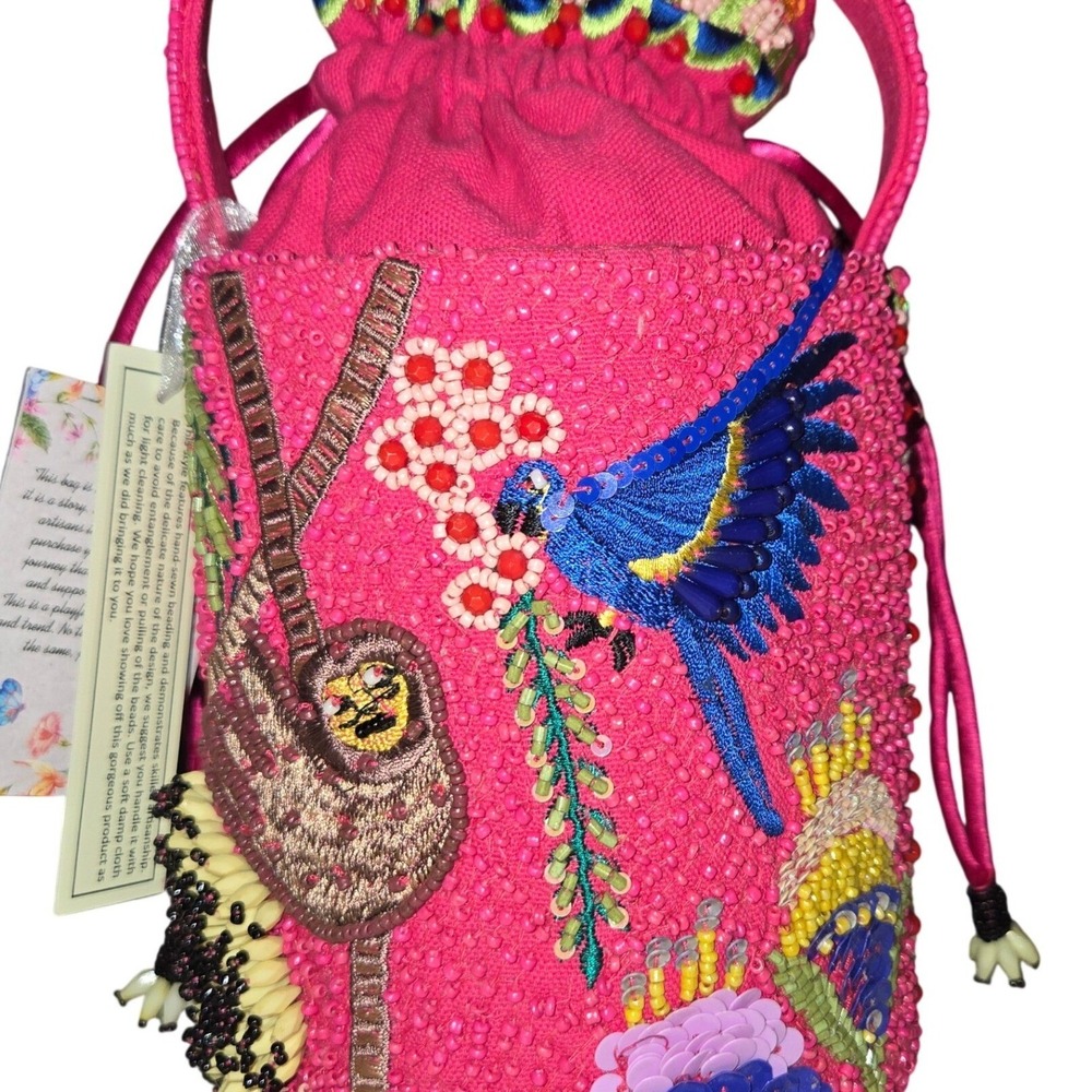 Handcrafted in India Beaded Parrot Sloth Bucket Bag Small Pink New Tropical Boho - Picture 2 of 10